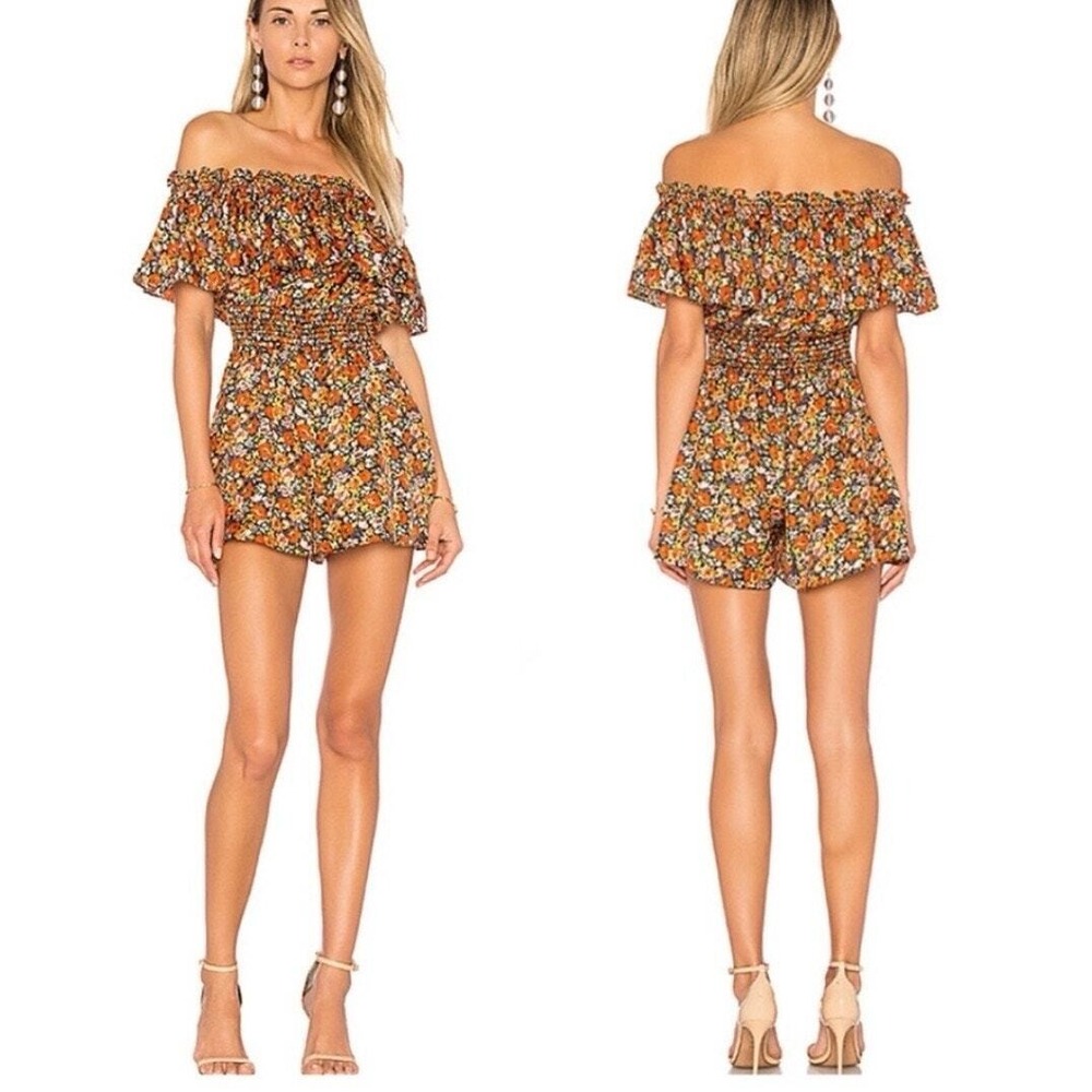 REBECCA TAYLOR Moonlight Garden Romper 6 Floral Silk Off Shoulder Smocked Ruffle
